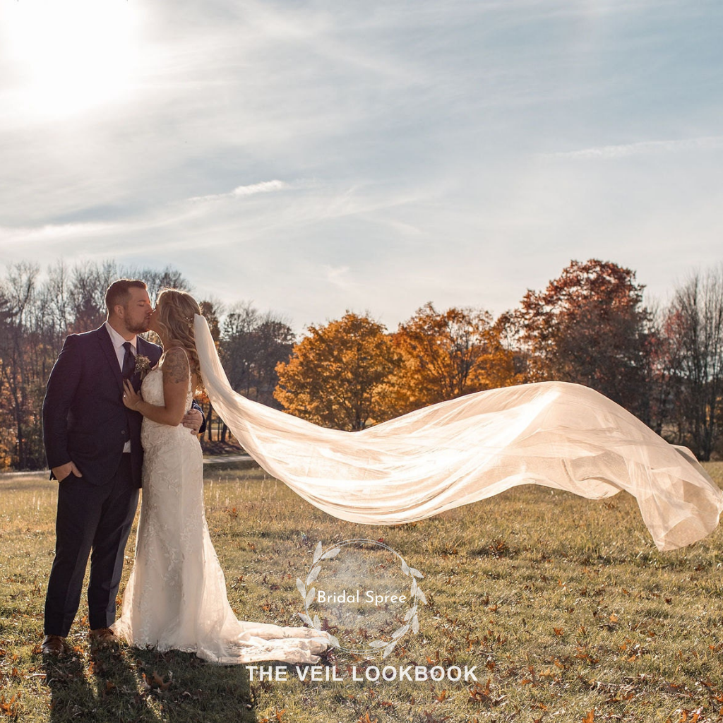bride wearing cathedral length veil for outdoor wedding photography