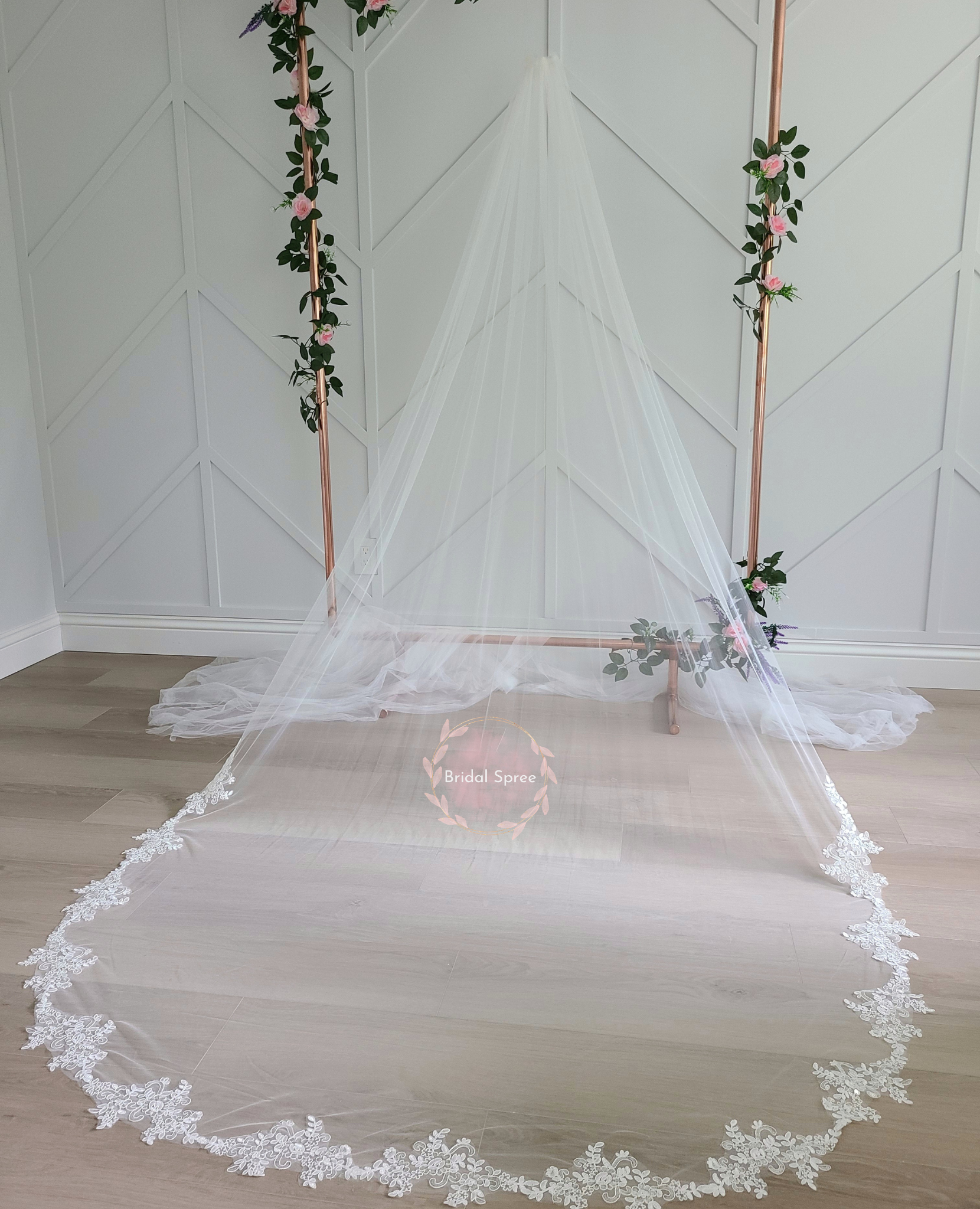 Floral Leaves Lace Cathedral Veil with Sparkles sold by Bridal Spree Canada USA