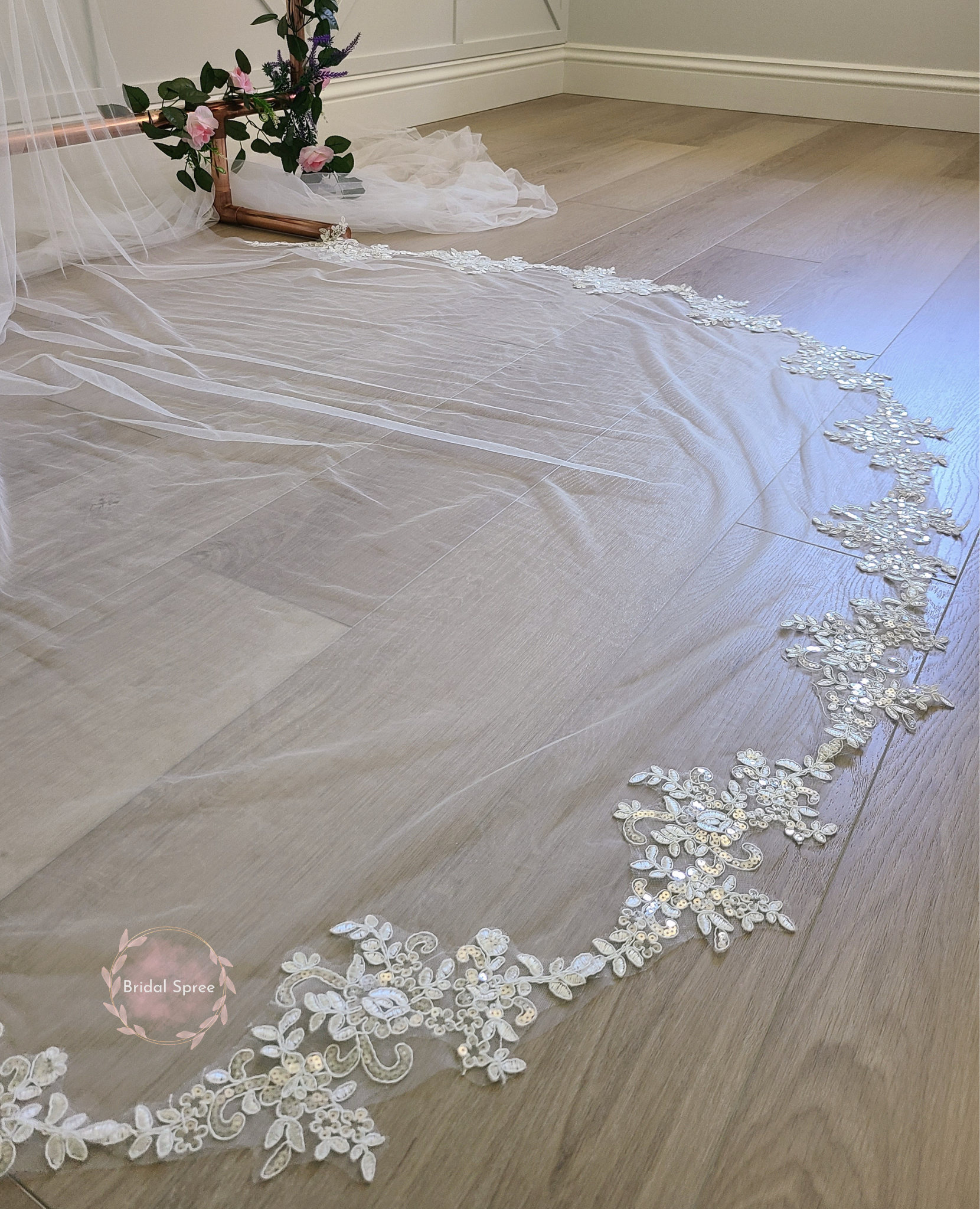 Floral Leaves Lace Cathedral Veil with Sparkles sold by Bridal Spree Canada USA