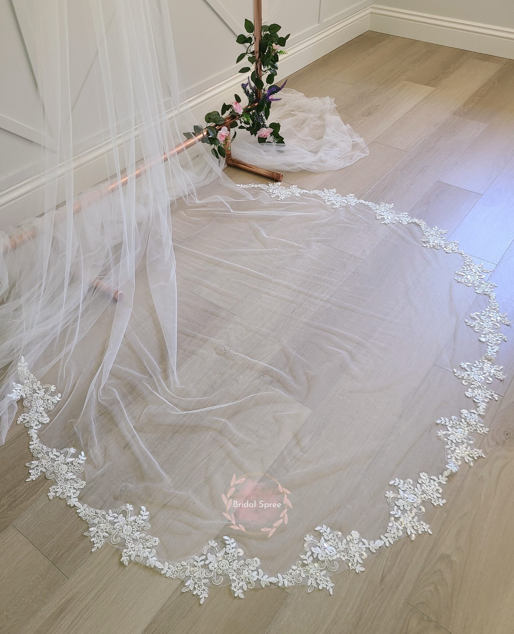 Floral Leaves Lace Cathedral Veil with Sparkles sold by Bridal Spree Canada USA