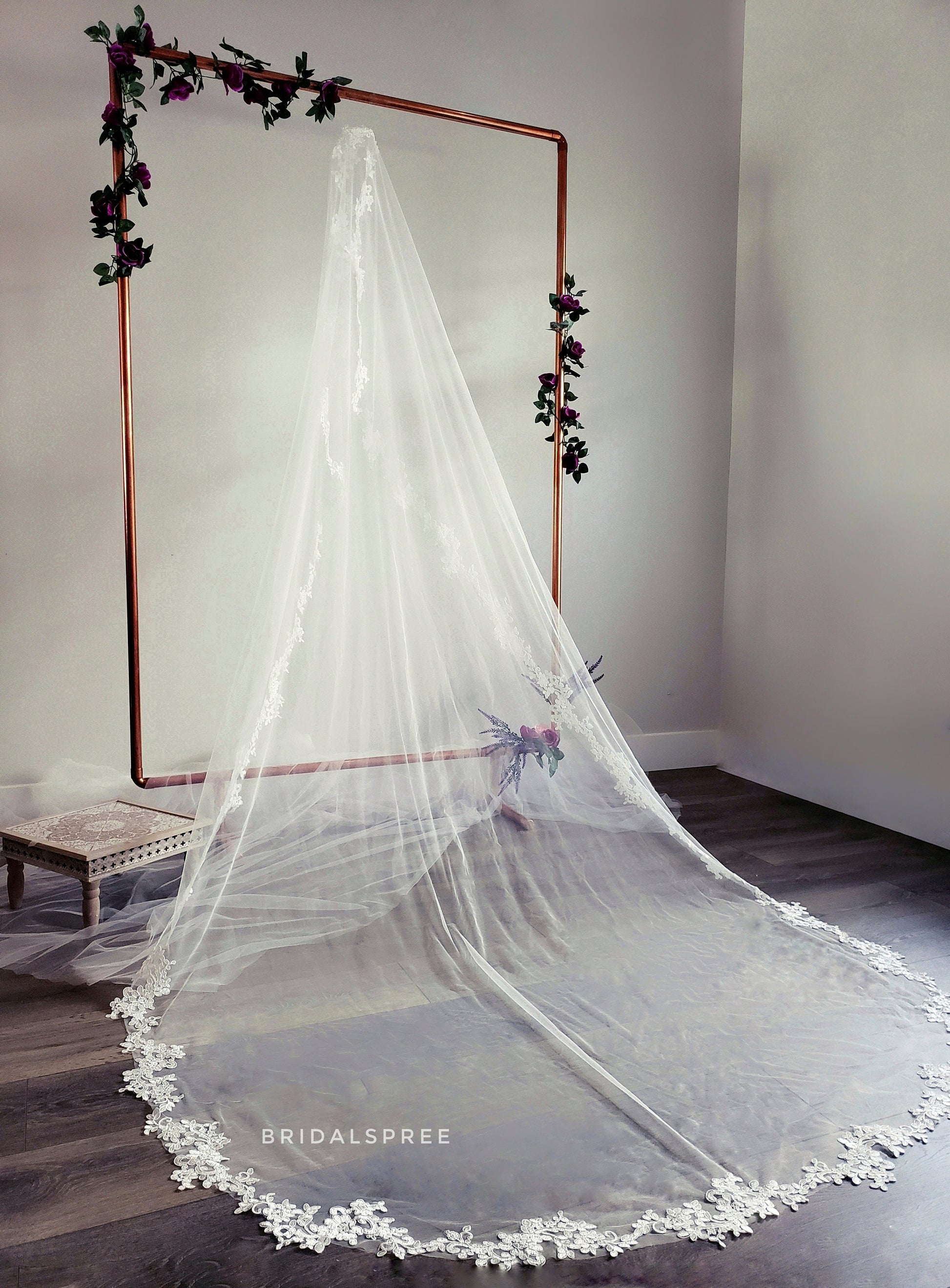 Mantilla lace cathedral veil with floral leaves lace