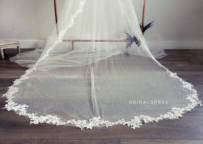 Mantilla lace cathedral veil with floral leaves lace